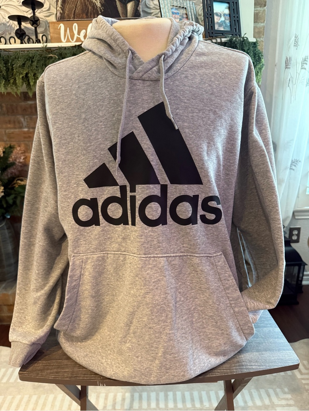 adidas Men’s 2XL Gray Hoodie Black Logo Pullover Sweatshirt Athletic